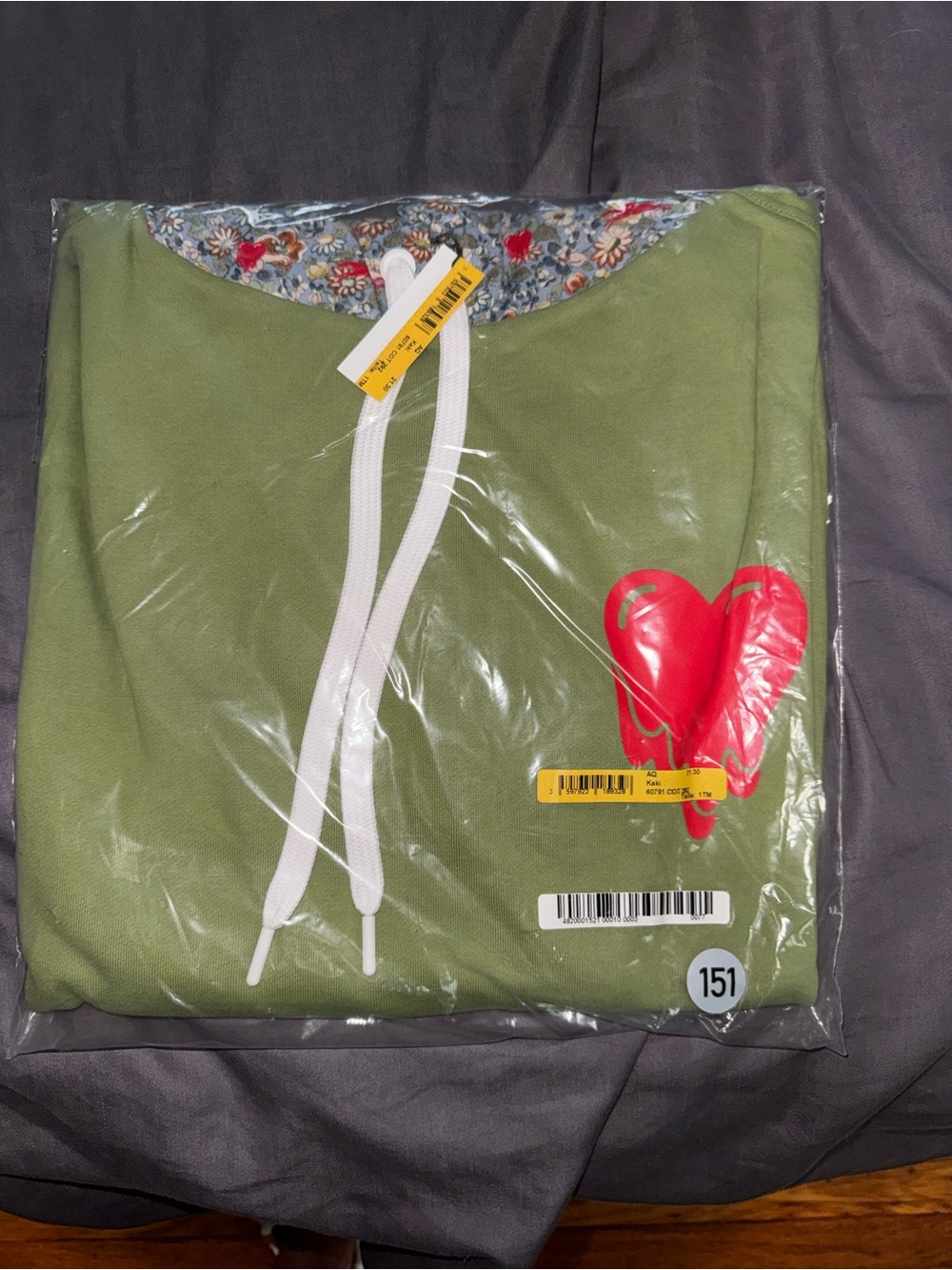 Emotionally Unavailable/Longchamp Olive Green Hoodie with Red Heart Graphic